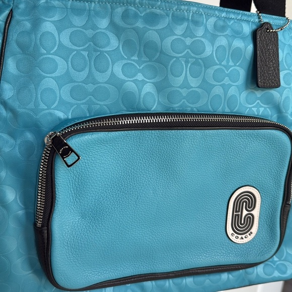 COACH Court Tote Bag Signature C Nylon Pebbled Leather With Patch Blue Black - Picture 14 of 16